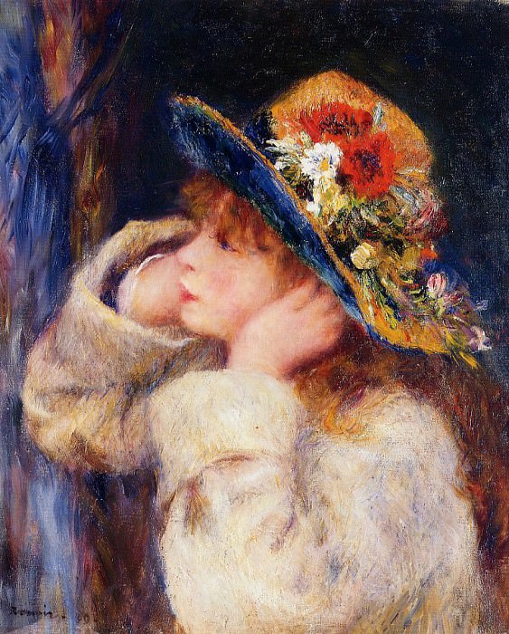 Девушка в шляпе, украшенной полевыми цветами, Пьер Огюст Ренуар
