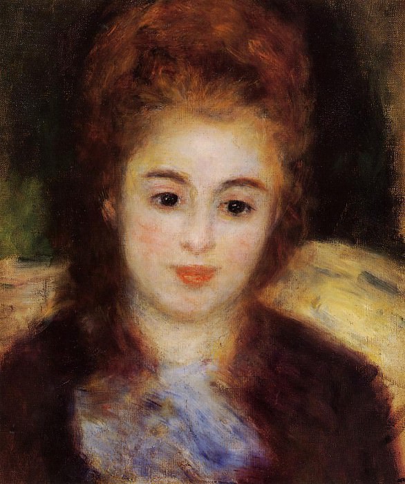 Голова молодой женщины в синем шарфе , Пьер Огюст Ренуар