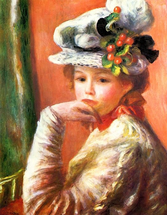 Young Girl in a White Hat , Pierre-Auguste Renoir