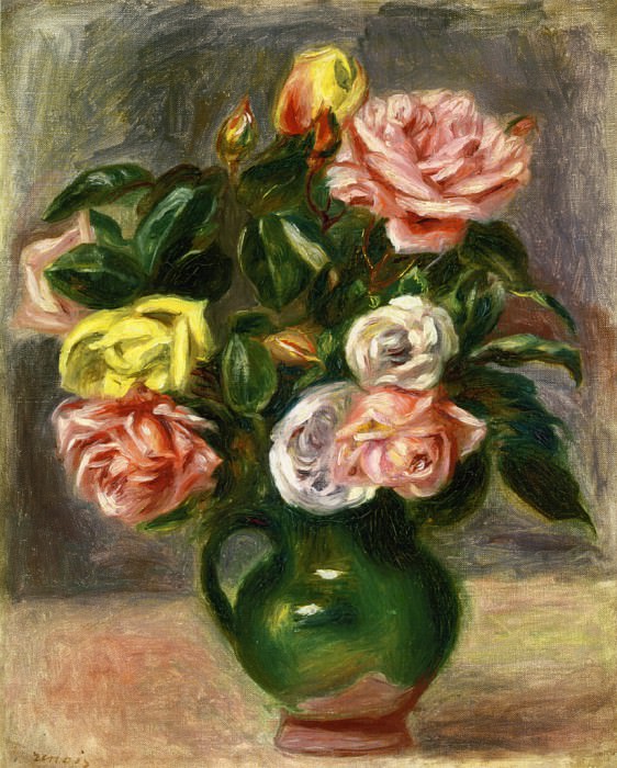 Bouquet of Roses in a Green Vase, Pierre-Auguste Renoir