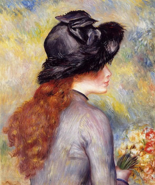 Young Girl Holding at Bouquet of Tulips, Pierre-Auguste Renoir