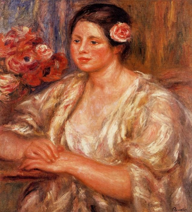Madelaine in a White Blouse and a Bouquet of Flowers, Pierre-Auguste Renoir