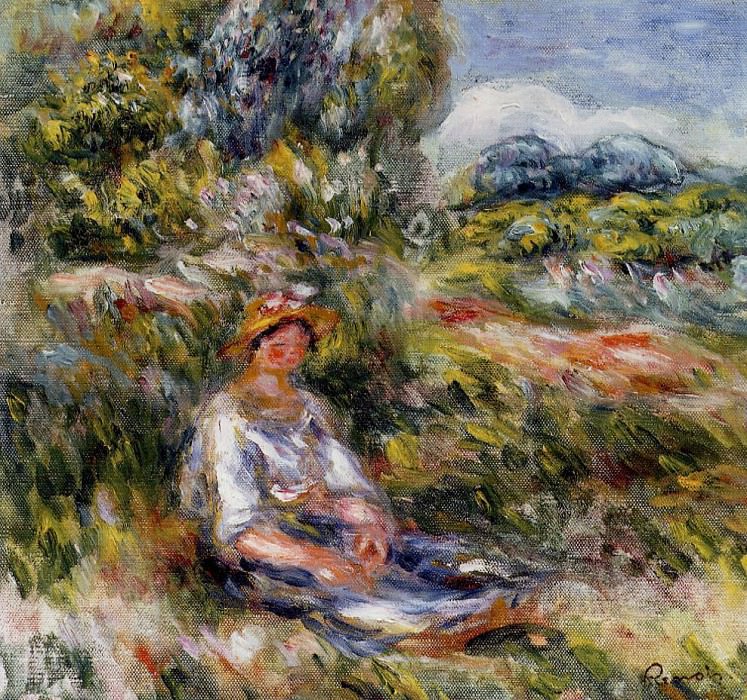 Девушка, сидящая на лугу, Пьер Огюст Ренуар