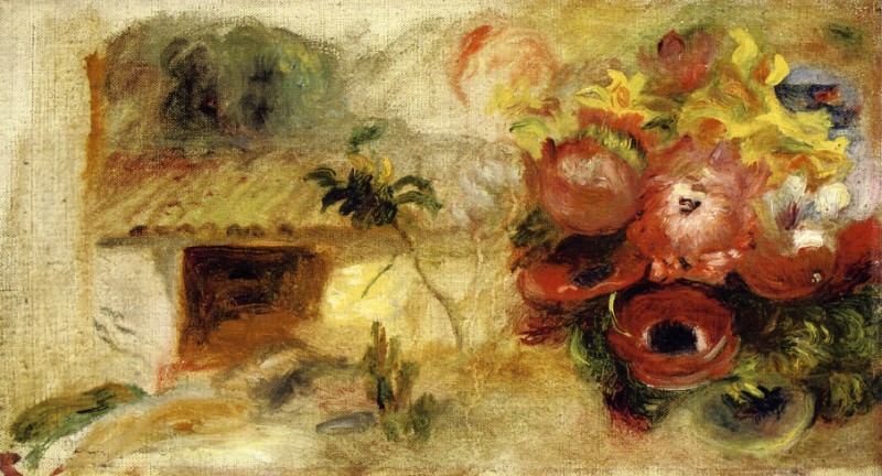 Домик, лютики и разнообразные цветы , Пьер Огюст Ренуар