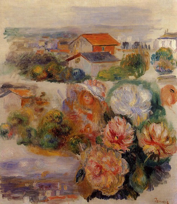 Пейзаж, цветы и маленькая девочка, Пьер Огюст Ренуар