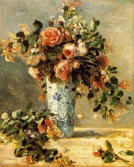 Roses and Jasmine in a Delft Vase – 1880, Pierre-Auguste Renoir