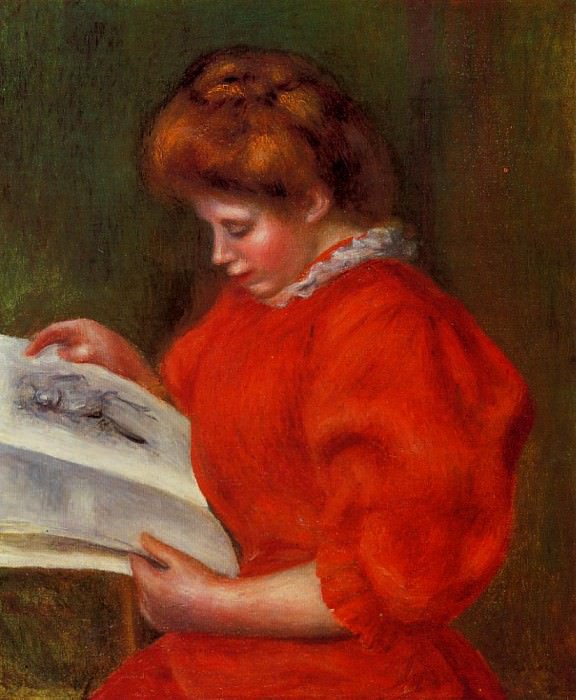 Молодая женщина смотрит на гравюру, Пьер Огюст Ренуар