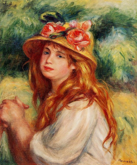 Blond in a Straw Hat , Pierre-Auguste Renoir