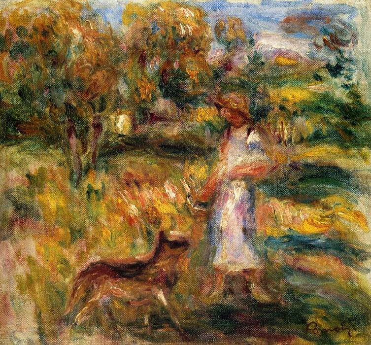Woman in Blue and Zaza in a Landscape, Pierre-Auguste Renoir