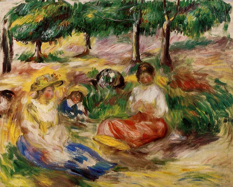 Три молодые девушки, сидящие на траве – 1896 г, Пьер Огюст Ренуар