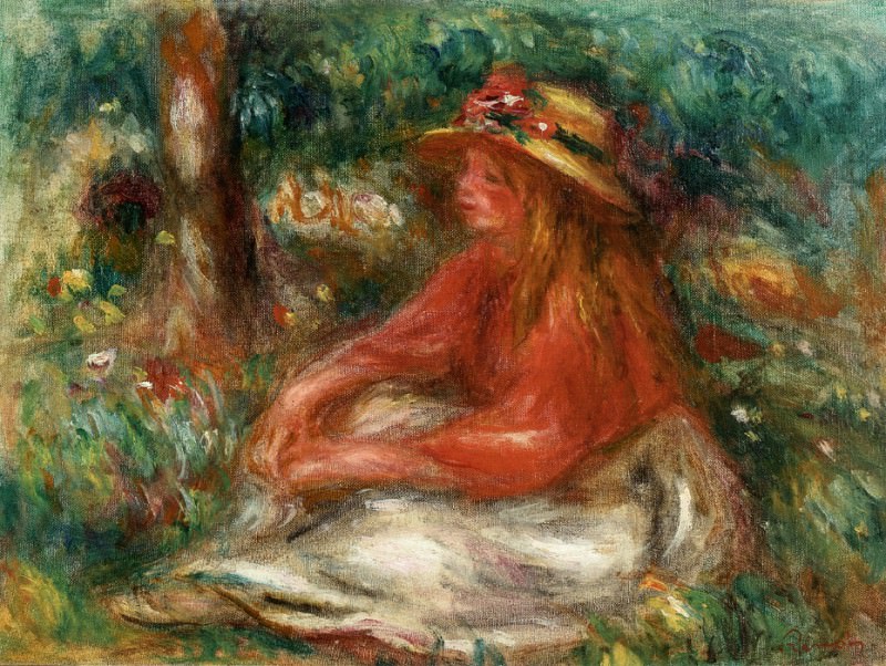 Молодая девушка, сидящая на траве, Пьер Огюст Ренуар