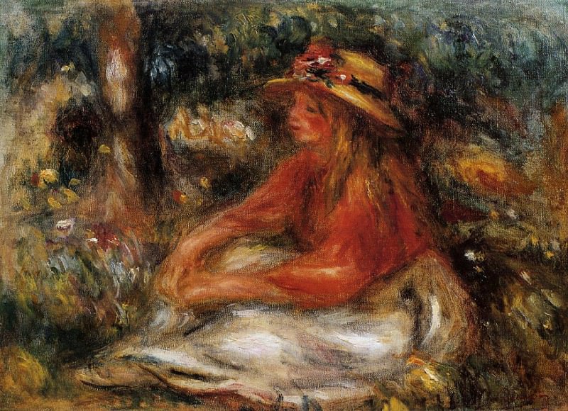 Молодая женщина, сидящая на траве, Пьер Огюст Ренуар