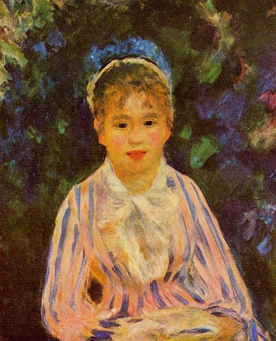 Молодая женщина в сине-розовой полосатой рубашке, Пьер Огюст Ренуар