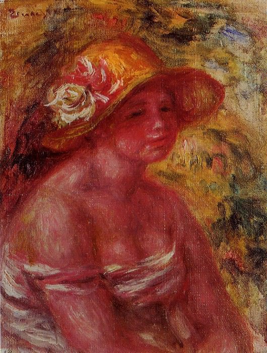 Bust of a Young Girl Wearing a Straw Hat, Pierre-Auguste Renoir