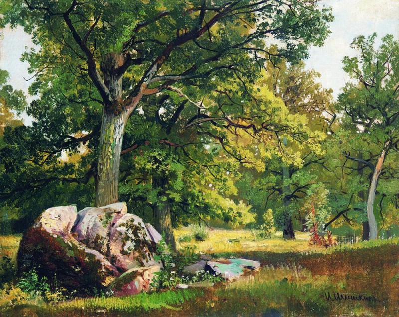 Sunny day in the woods. Oaks 1891 30h37, Ivan Ivanovich Shishkin
