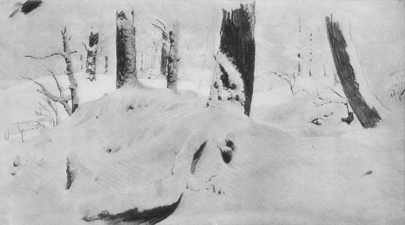 Forest under snow 1890. Bumagatsv. , Charcoal, chalk. 24x45, Ivan Ivanovich Shishkin