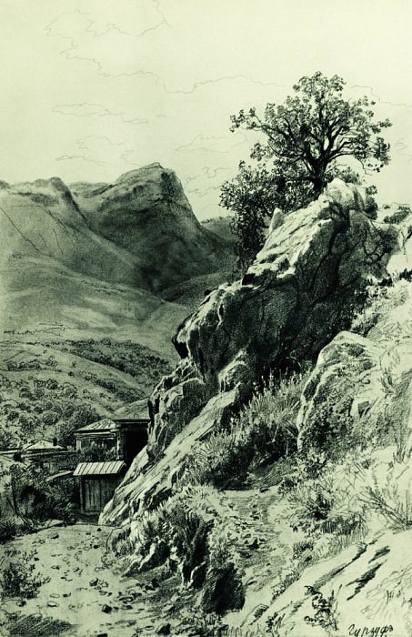 In the mountains Gurzuf. Paper, pencil 45h30, Ivan Ivanovich Shishkin