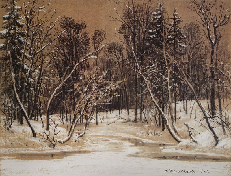Лес зимой. 1884 Бумага коричневая. уголь, мел 49х64, Иван Иванович Шишкин