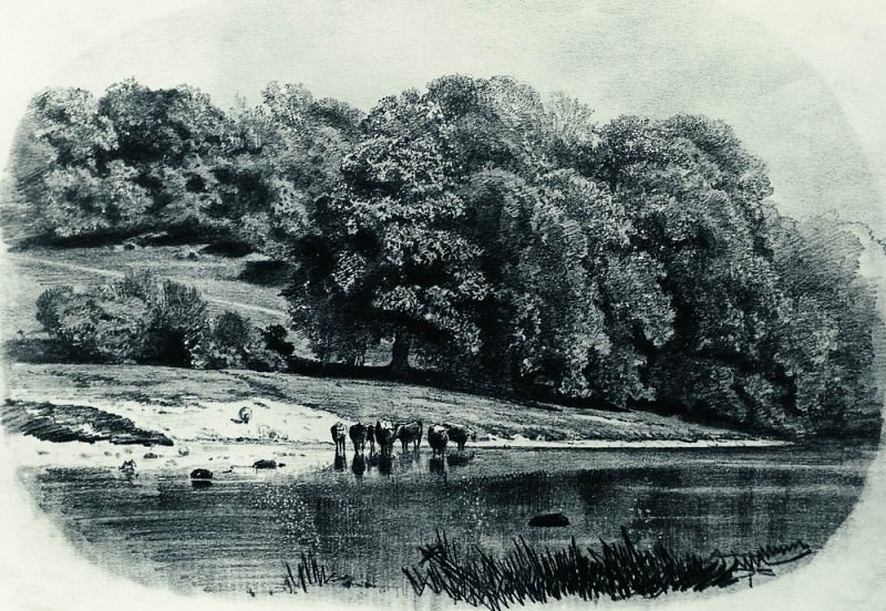 Стадо на берегу реки 1870-е 27х38, Иван Иванович Шишкин