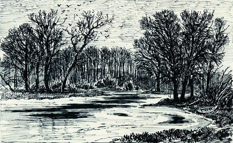 swamp in the woods 1885 paper. ink, pen 10, 3h16, 8, Ivan Ivanovich Shishkin