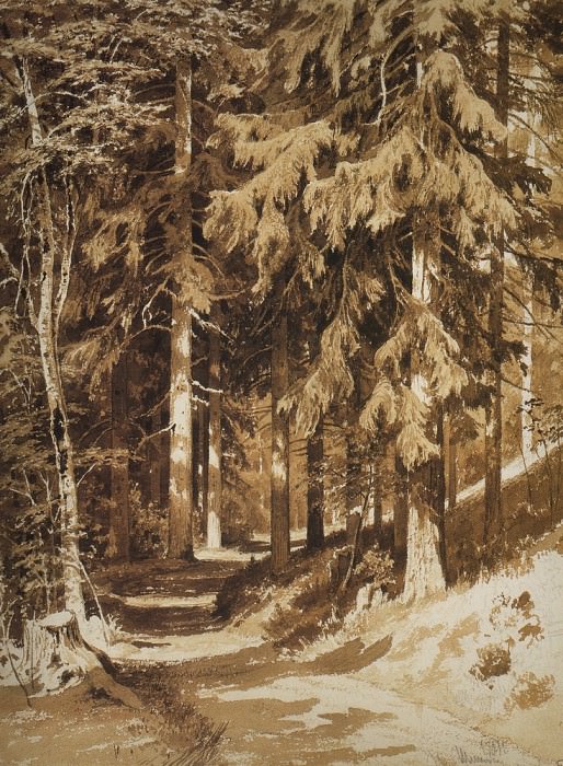 track in the woods. 1891 Paper, Sepia, Earl. pencil 61. 4h44. 5, Ivan Ivanovich Shishkin