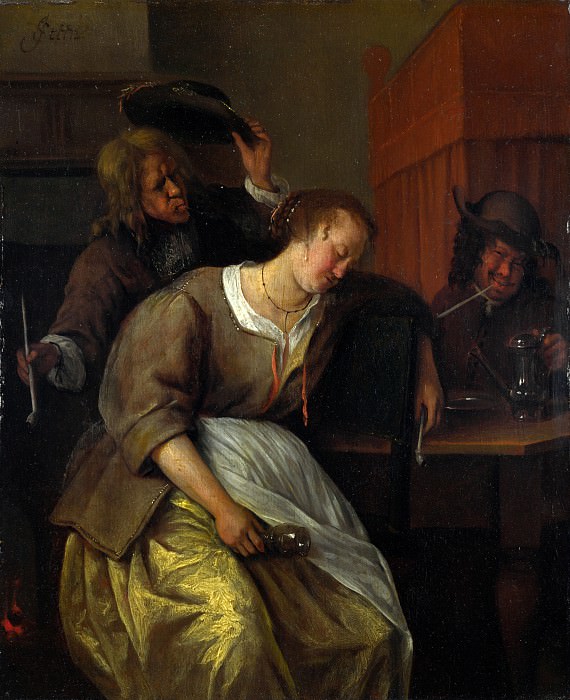 Jan Steen – A Man Blowing Smoke at Drunken Woman, Part 4 National Gallery UK