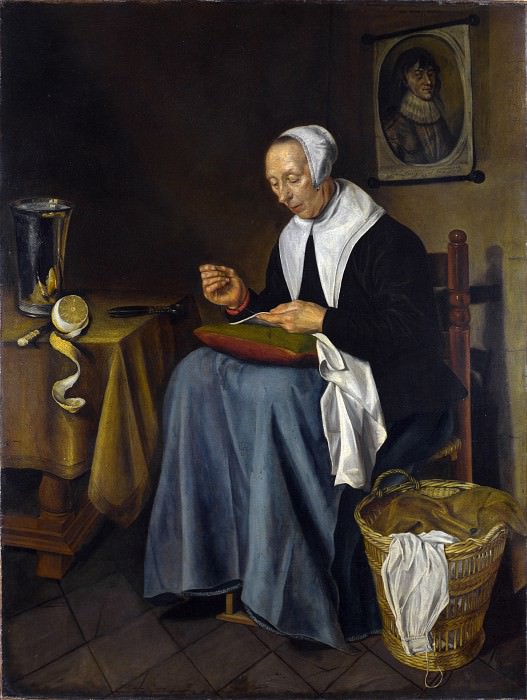 Johannes van der Aack – An Old Woman seated sewing, Part 4 National Gallery UK