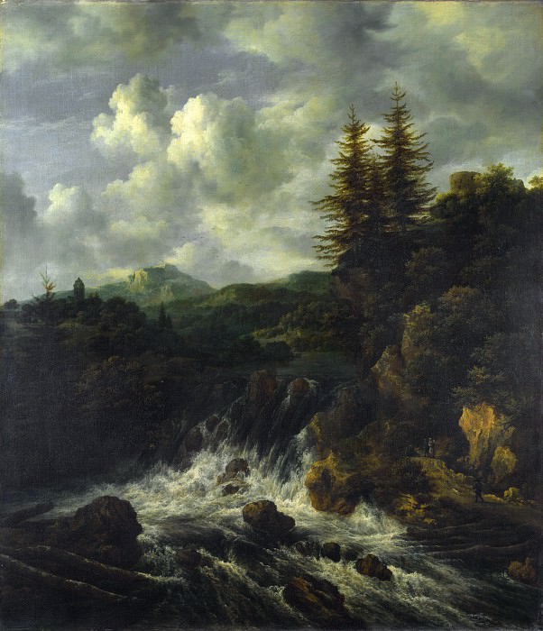 Jacob van Ruisdael – A Landscape with a Waterfall and a Castle on a Hill, Part 4 National Gallery UK