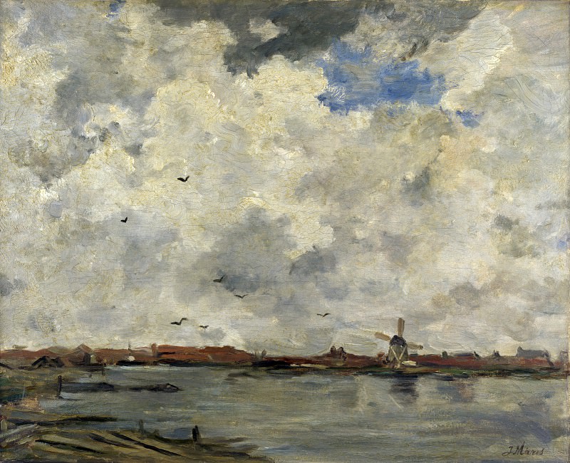 Jacob Maris – A Windmill and Houses beside Water – Stormy Sky, Part 4 National Gallery UK