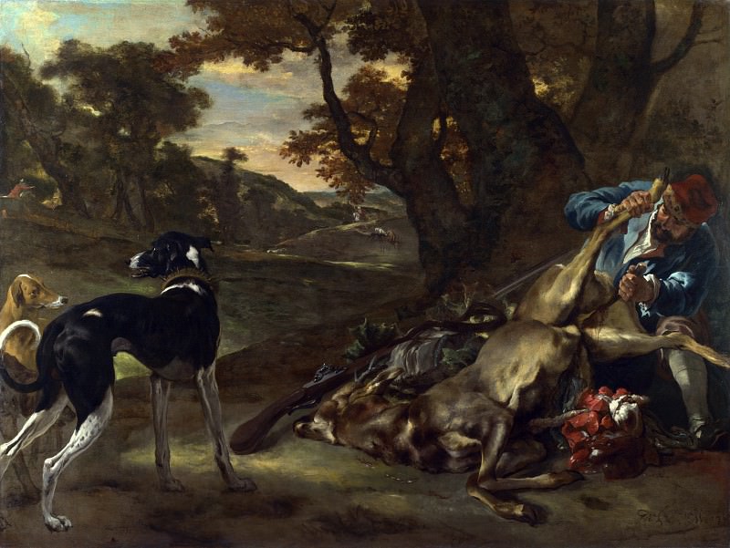 Jan Baptist Weenix – A Huntsman cutting up a Dead Deer, with Two Deerhounds, Part 4 National Gallery UK