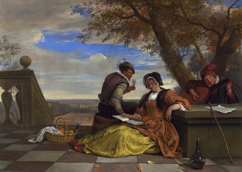 Ян Стен – Двое мужчин и женщина, музицирующие на террасе, Часть 4 Национальная галерея