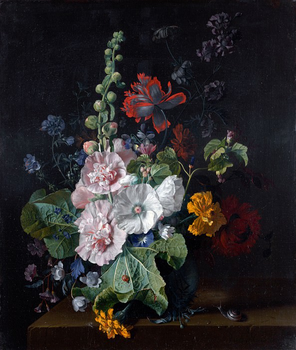 Jan van Huysum – Hollyhocks and Other Flowers in a Vase, Part 4 National Gallery UK