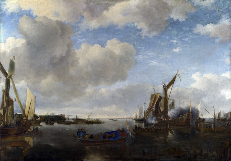 Jan van de Cappelle – A River Scene with a Dutch Yacht firing a Salute, Part 4 National Gallery UK
