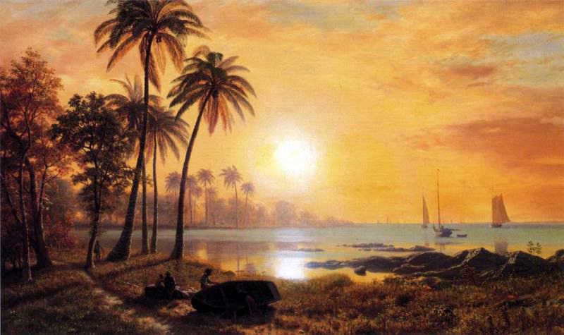 Bierstadt Albert Tropical Landscape with Fishing Boats in Bay, Albert Bierstadt
