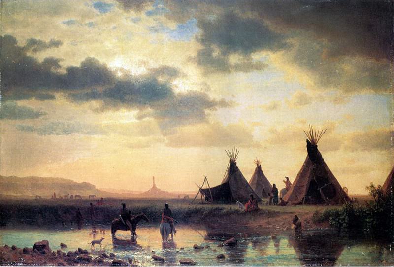 Чимни Рок, на переднем плане индейская деревня, Альберт Бирштадт