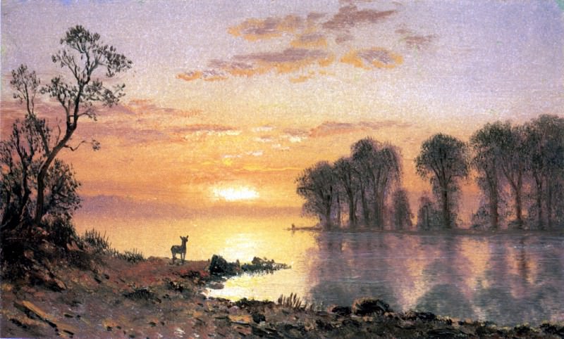 Bierstadt Albert Sunset Deer and River, Albert Bierstadt