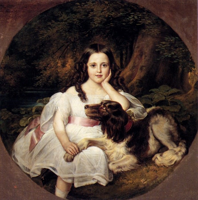 Kaulbach Friedrich August Von A Young Girl Resting In A Landscape With Her Dog, Немецкие художники