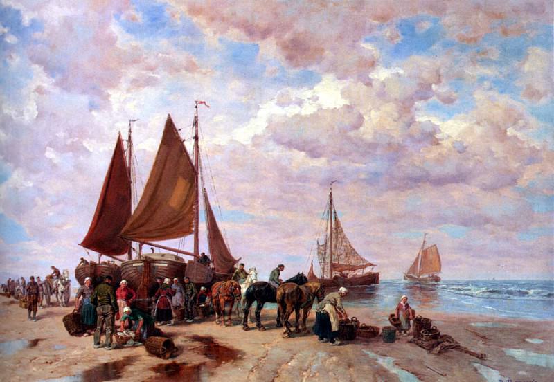 Thomassin Desire A Coastal Scene With Fisherfolk Sorting The Day s catch Beached, German artists