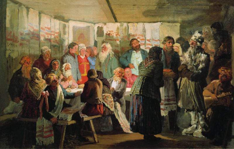The arrival of a sorcerer at a peasant wedding. Sketch, Vasily Maksimov