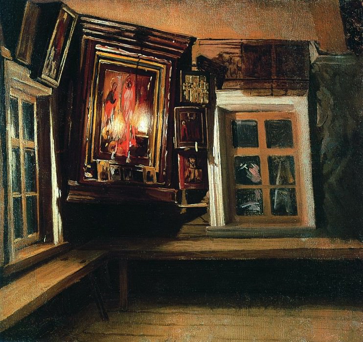 Red corner in the hut, Vasily Maksimov