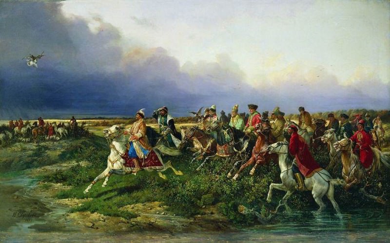 Tsar Alexei Mikhailovich with boyars falconry near Moscow, Nikolay Sverchkov