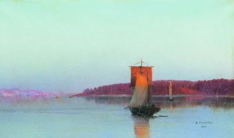 Парусное судно при солнечном закате, Арсений Мещерский
