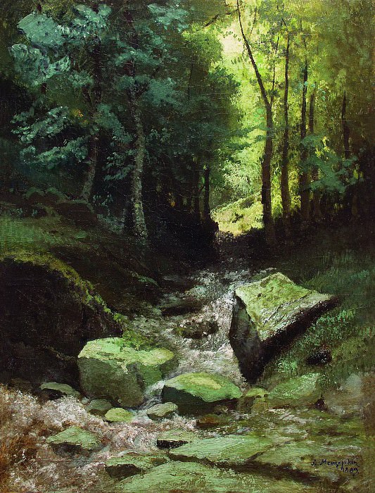 Forest landscape with stream, Arseny Meshersky