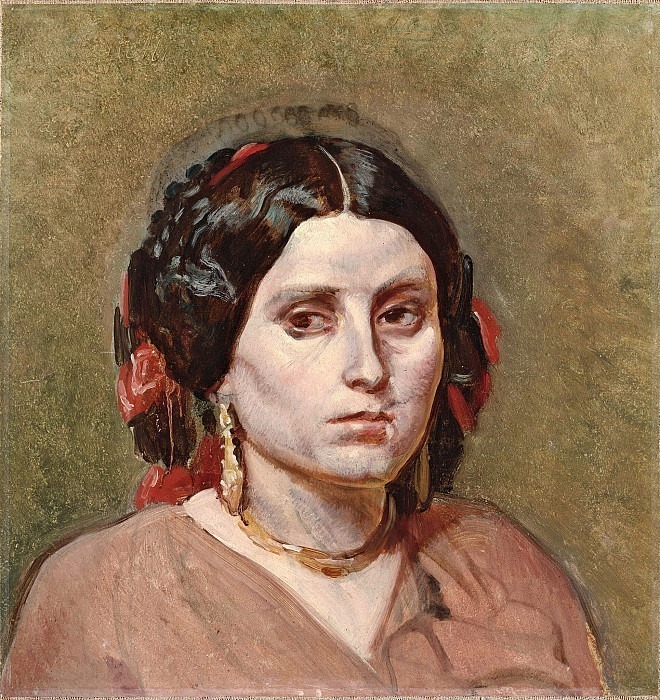 Голова молодой женщины с серьгами и ожерельем на темно-оливковом фоне, в повороте головы Христа