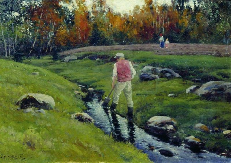 Пейзаж с рабочим у реки, Константин Крыжицкий