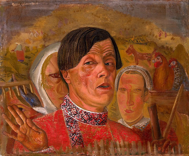 Автопортрет с курицей и петухом, Борис Дмитриевич Григорьев