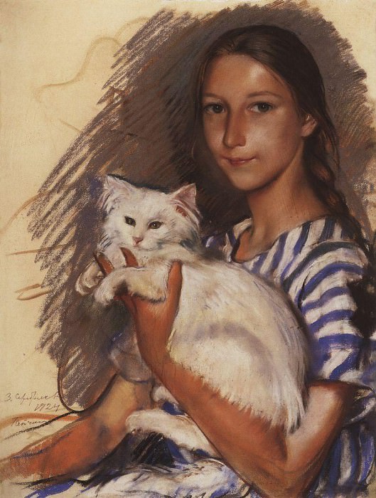 Portrait of Natasha Lancere with a cat, Zinaida Serebryakova