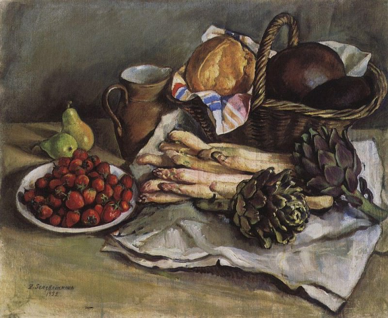 Still life with asparagus and strawberries, Zinaida Serebryakova