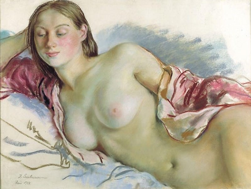 Lying Nude girl with cape cherry, Zinaida Serebryakova