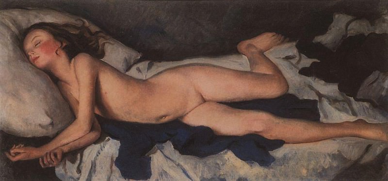 Sleeping girl on a blue. Katusha on a blanket, Zinaida Serebryakova